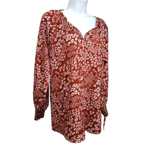 Women's Medium Floral Tunic Red & White Long Sleeves V-Neck With Tie - Picture 1 of 9